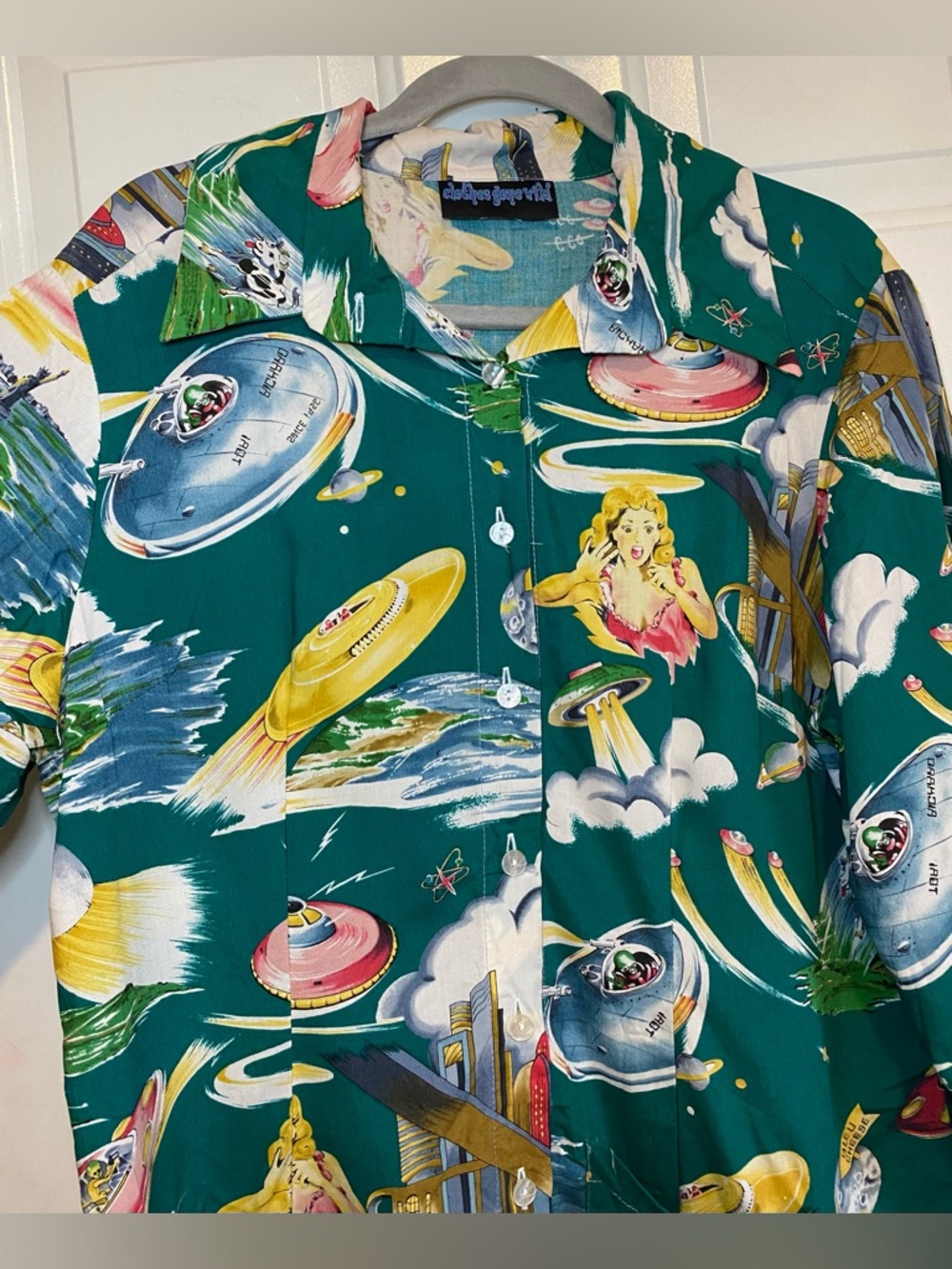 Clothes Gone Wild 100% Cotton Large Alien Hawaiian UFO Shirt Dress Button Vtg - Picture 3 of 7
